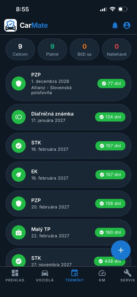 Ukážka aplikácie CarMate: prehľad termínov vozidla