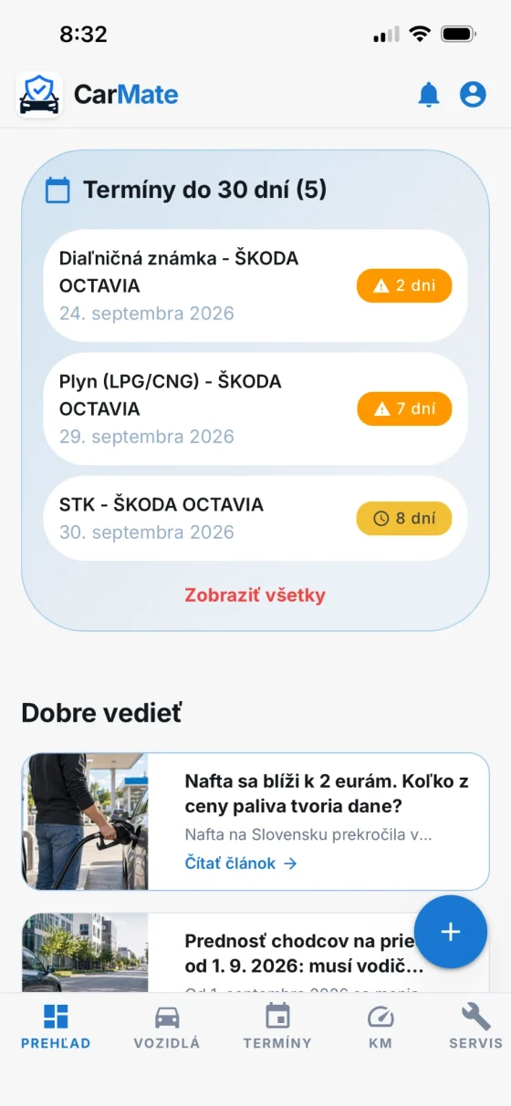 Ukážka aplikácie CarMate s termínmi vozidla