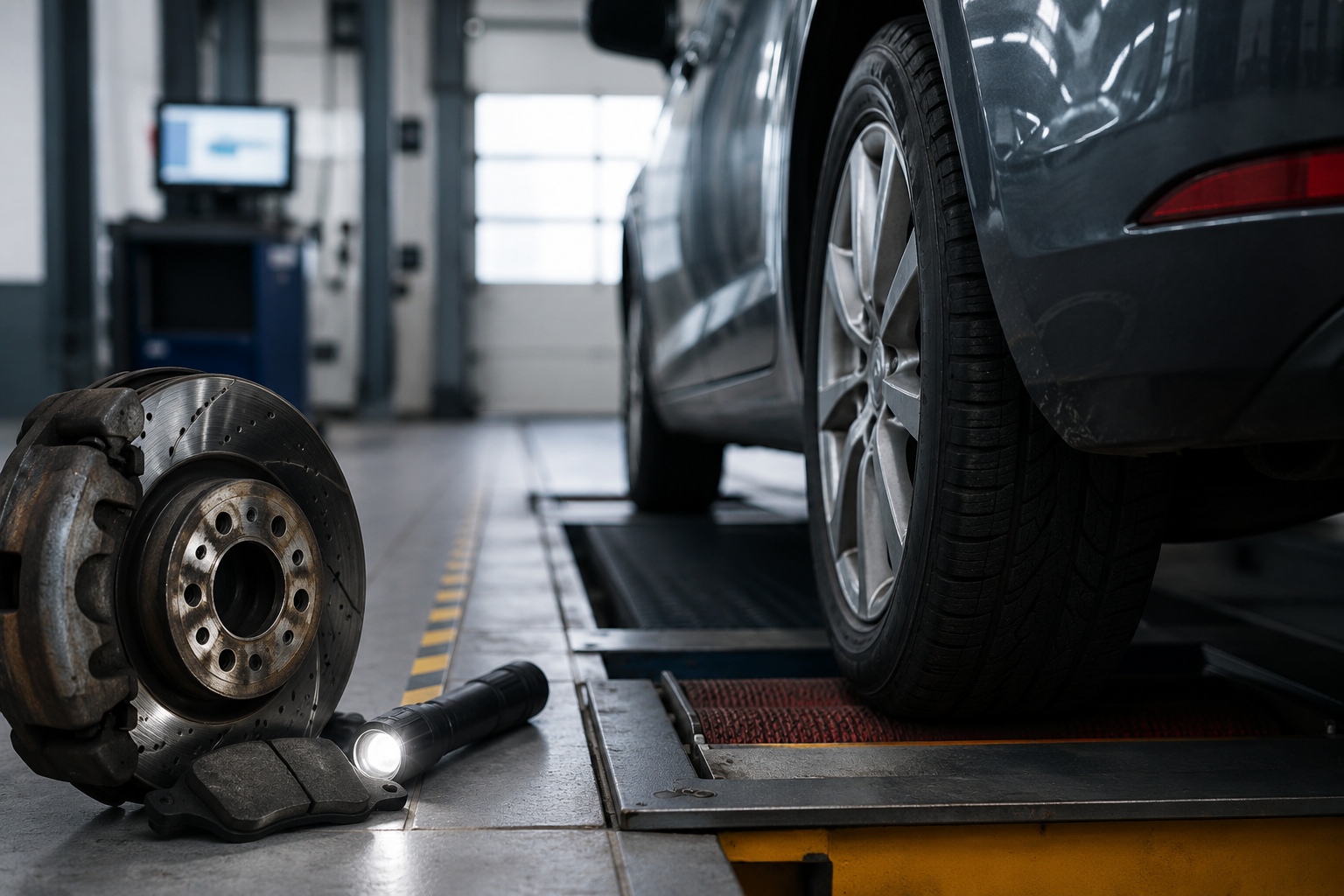 Brzdový kotúč a osobné auto na valcovej skúšobni počas technickej kontroly STK.