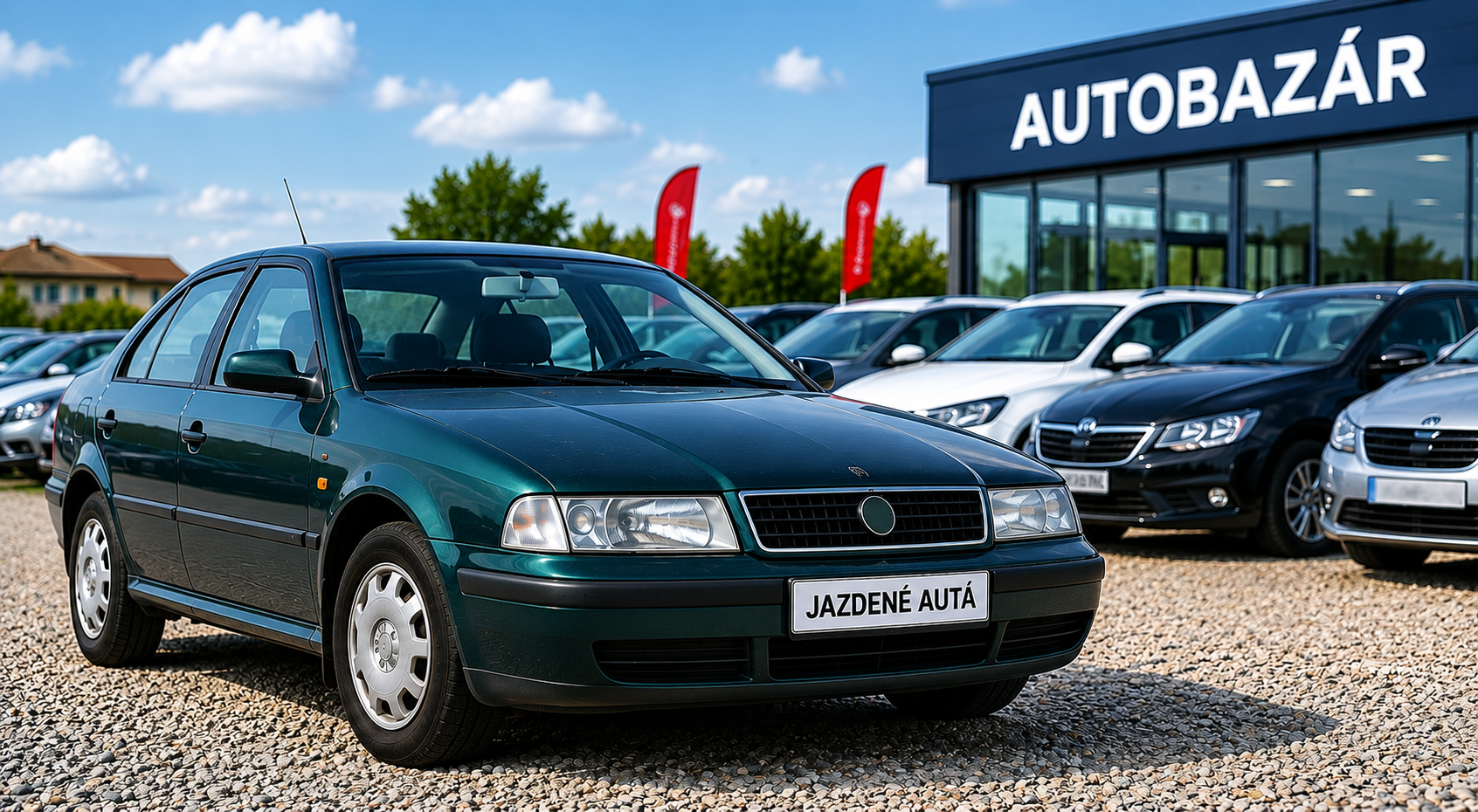 Staršie jazdené auto zaparkované v autobazári pred radom vystavených vozidiel.