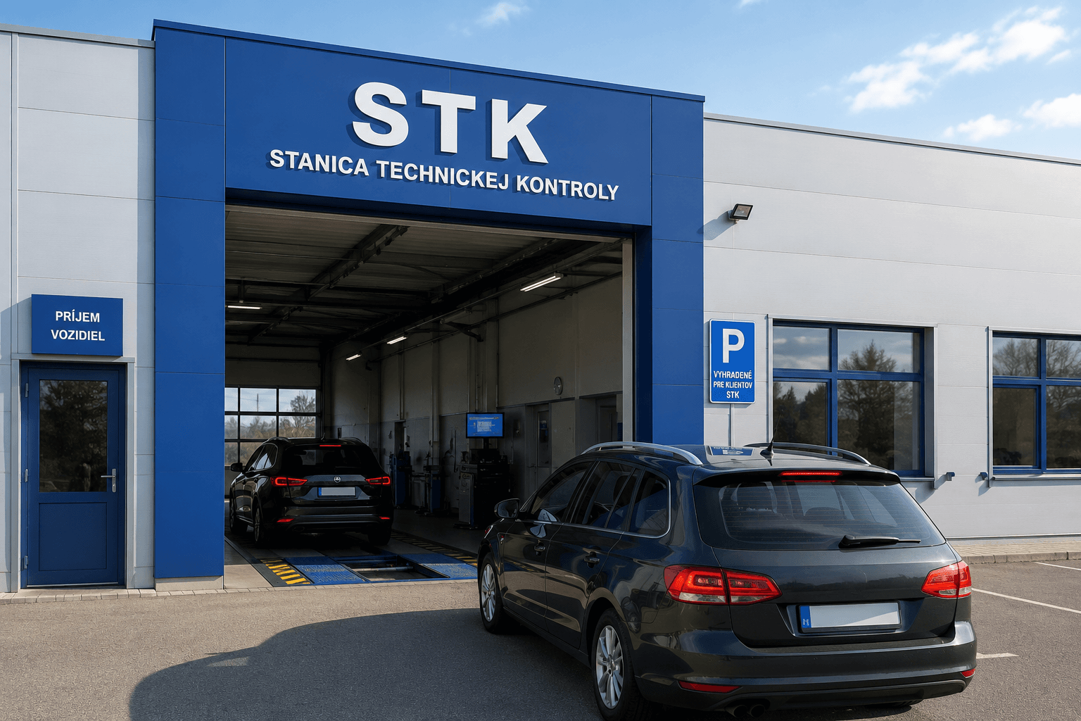Auto pred stanicou STK čakajúce na vykonávanie opakovanej kontroly.