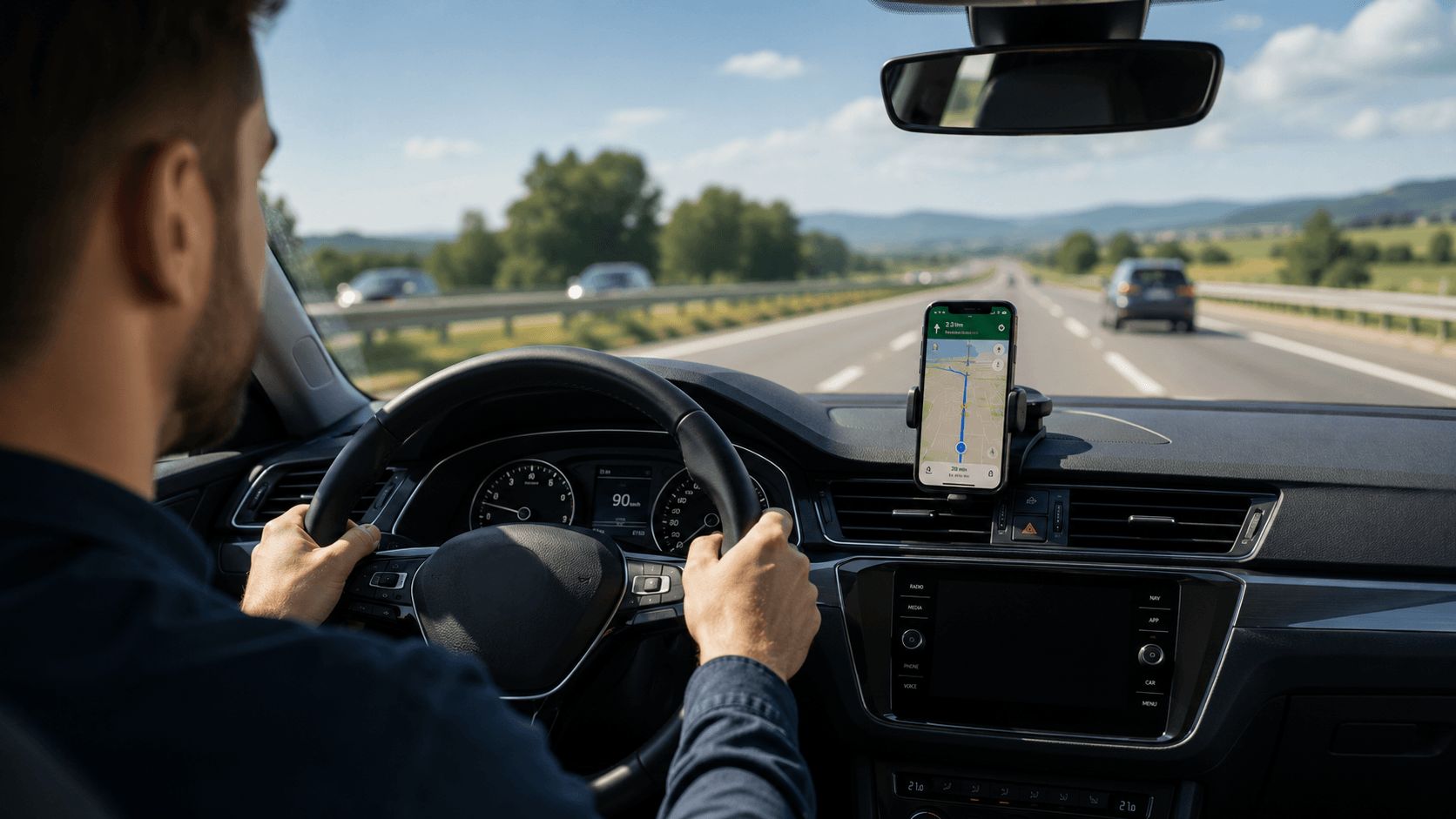 muž soférujuci auto s mobilom počas jazdy