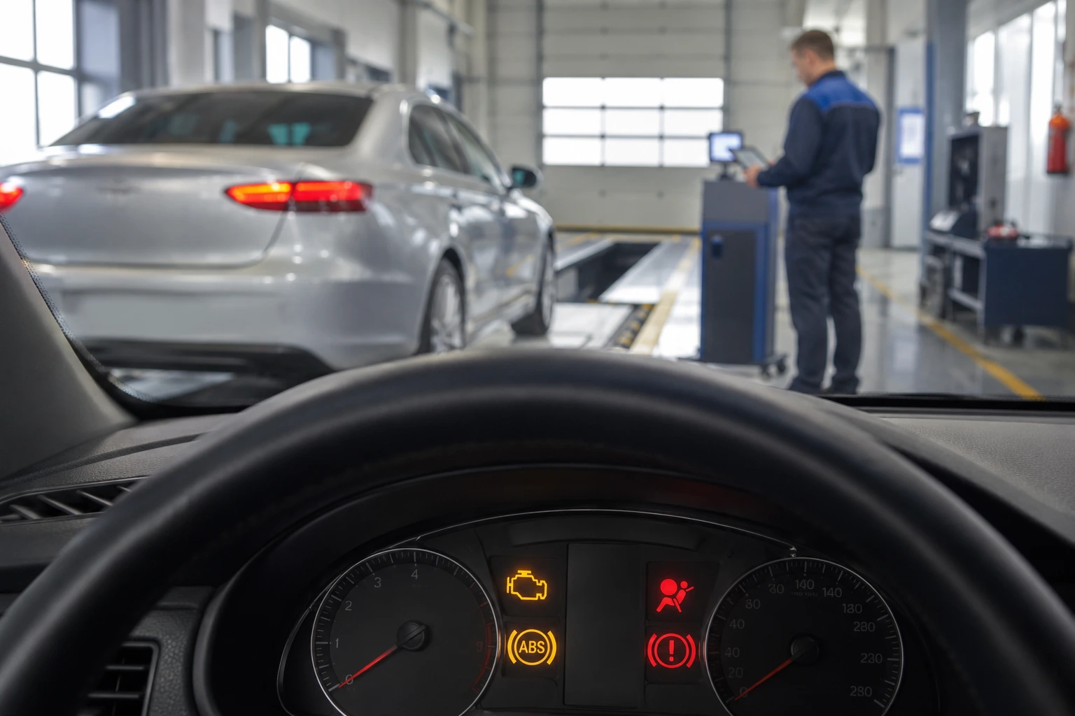Rozsvietené kontrolky Check Engine, ABS a airbag na palubnej doske vozidla počas technickej kontroly STK