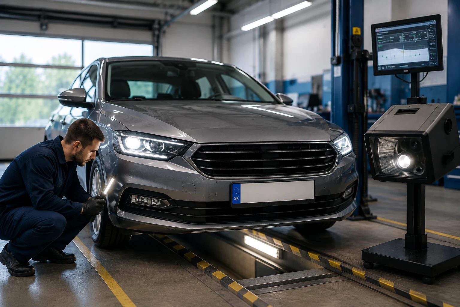 Technik vykonáva technickú kontrolu osobného auta na stanici STK – kontrola svetiel, podvozka a technického stavu vozidla pred úspešným absolvovaním STK.