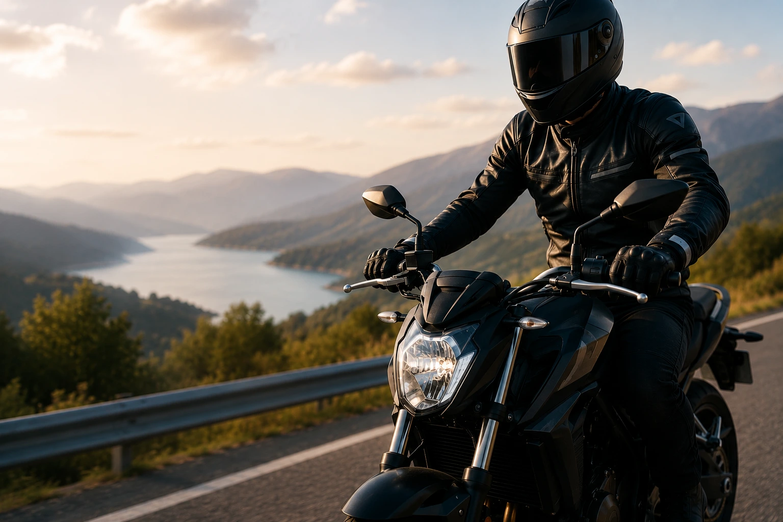 Motorkár na čiernej motorke jazdí po horskej ceste pri jazere. Ilustračný obrázok k článku o povinnostiach motorkára na Slovensku v roku 2026, vrátane STK, PZP, povinnej výbavy a dokladov.