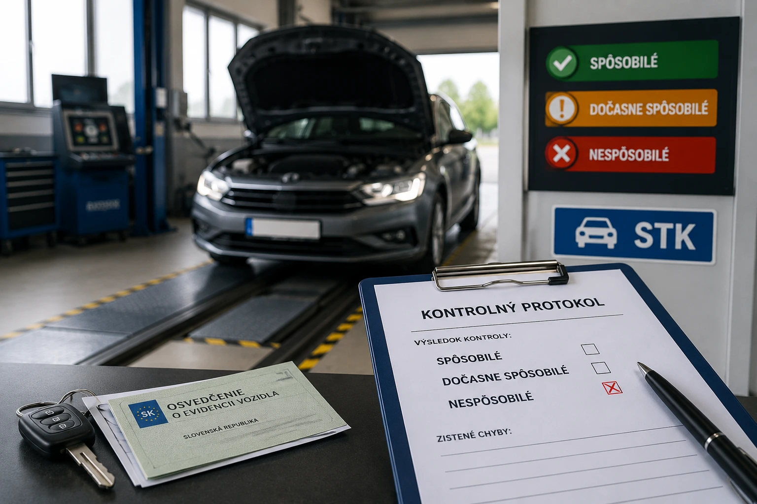 Vozidlo na stanici technickej kontroly (STK) s kontrolným protokolom po neúspešnej kontrole a výsledkami spôsobilosti vozidla.