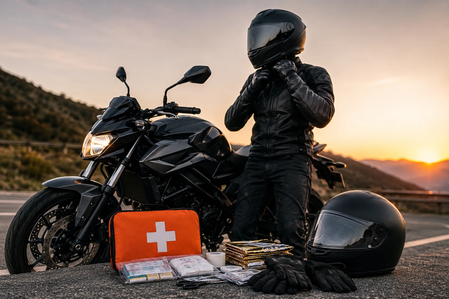 Motorkár s homologizovanou prilbou stojí pri motocykli a povinnej výbave vrátane motolekárničky pred jazdou v roku 2026.