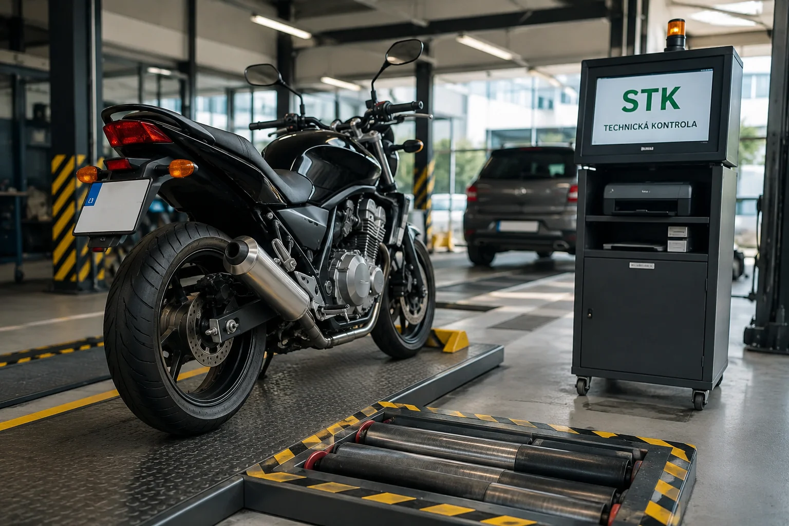 STK motocykla na stanici technickej kontroly – motocykel počas pravidelnej technickej kontroly v roku 2026