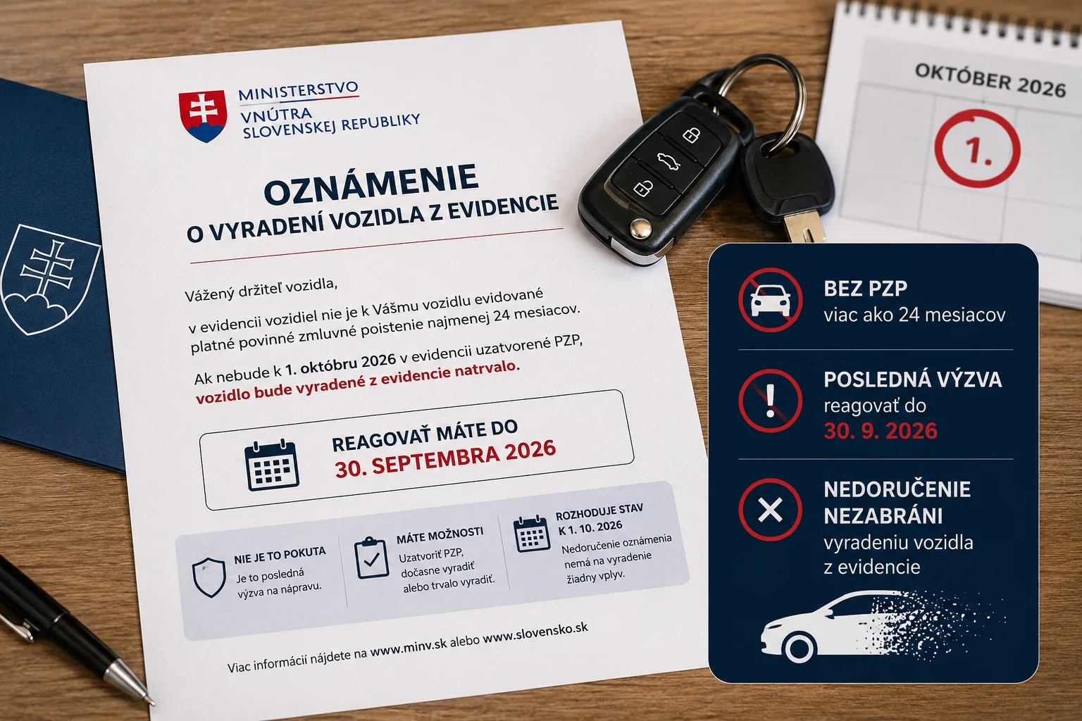 Oznámenie o vyradení vozidla z evidencie od Ministerstva vnútra SR na stole vedľa kľúčov od auta.