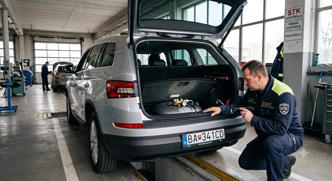 Technik kontroluje toroidnú LPG nádrž v kufri vozidla počas technickej kontroly STK.