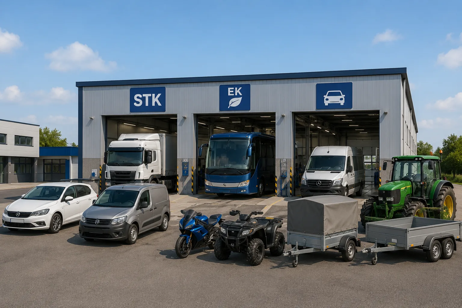 Stanica STK a EK s osobnými autami, dodávkami, kamiónom, autobusom, motocyklom, traktorom a prívesmi zobrazujúca intervaly technickej kontroly podľa kategórie vozidla.