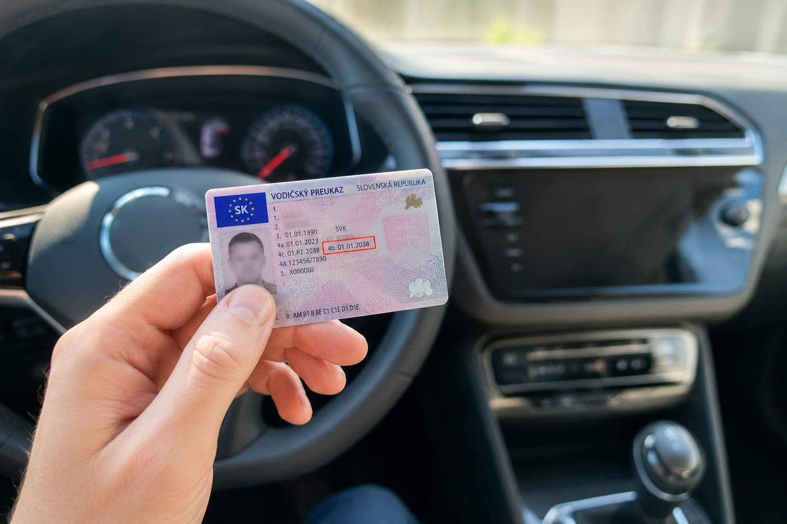 Kontrola platnosti slovenského vodičského preukazu – vodič drží vodičský preukaz pred volantom moderného auta.