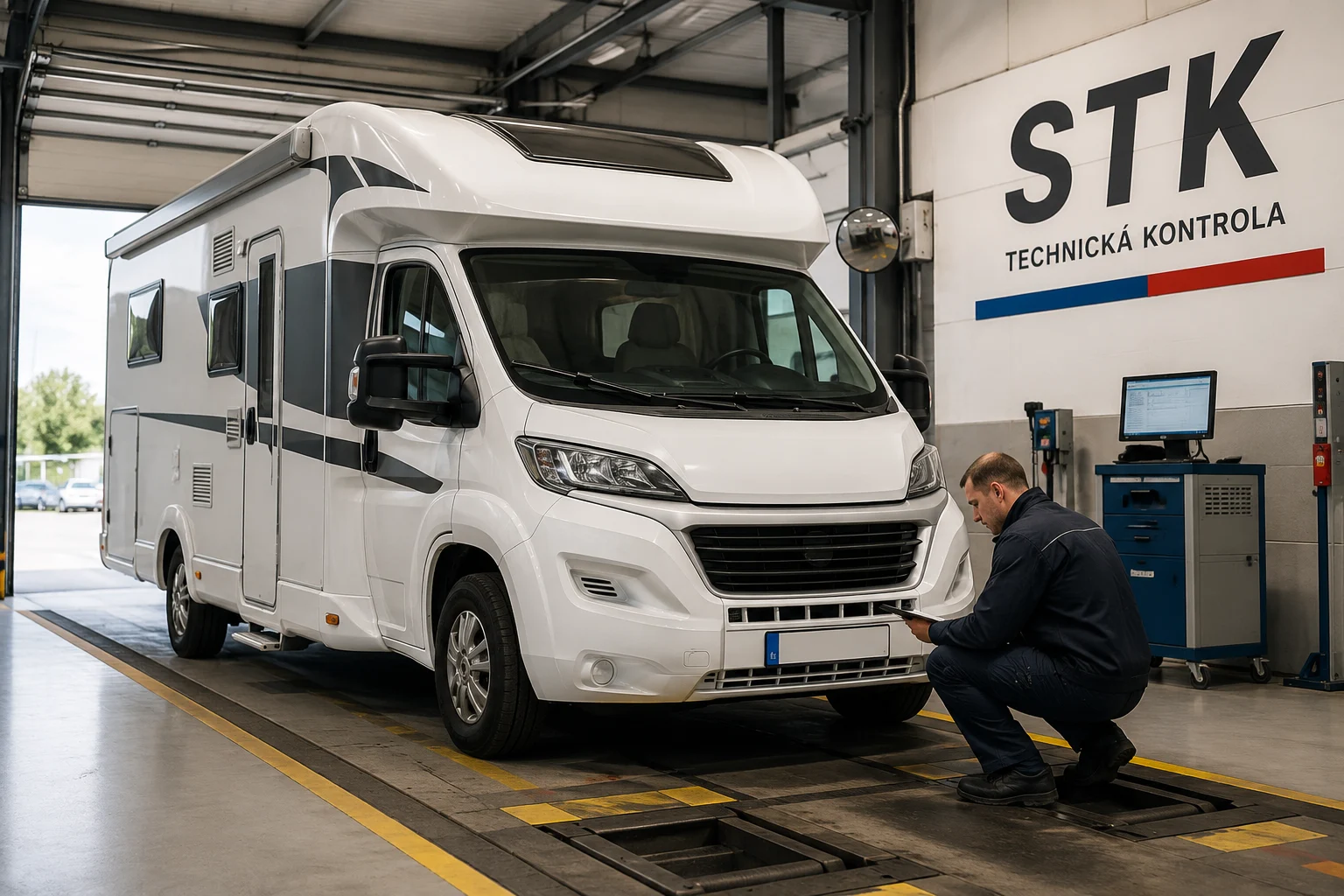 Obytné auto na stanici STK počas technickej kontroly vozidla