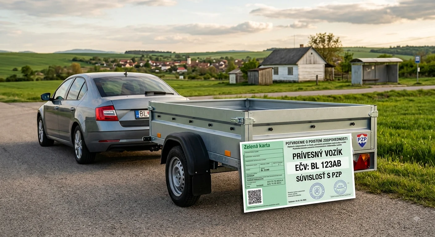 PZP pre prívesný vozík: Sivé auto Škoda Octavia ťahá metalízový vozík po vidieckej ceste. V popredí je Zelená karta s nápisom „POTVRDENIE O POISTENÍ ZODPOVEDNOSTI“ a ŠPZ „BL 123AB“