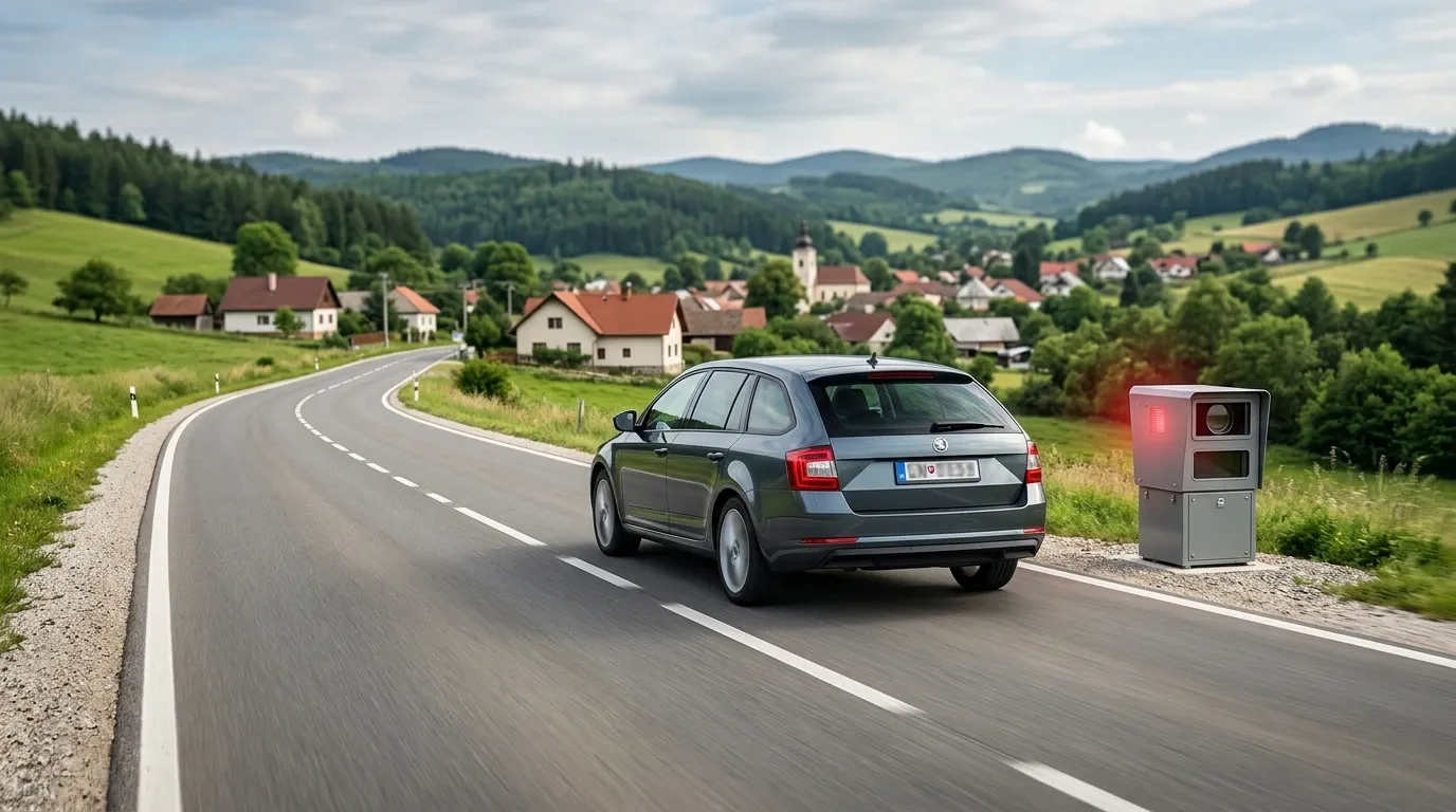 Osobné auto smerujúce do slovenskej dediny, ktoré zachytáva stacionárny cestný radar pri meraní rýchlosti.