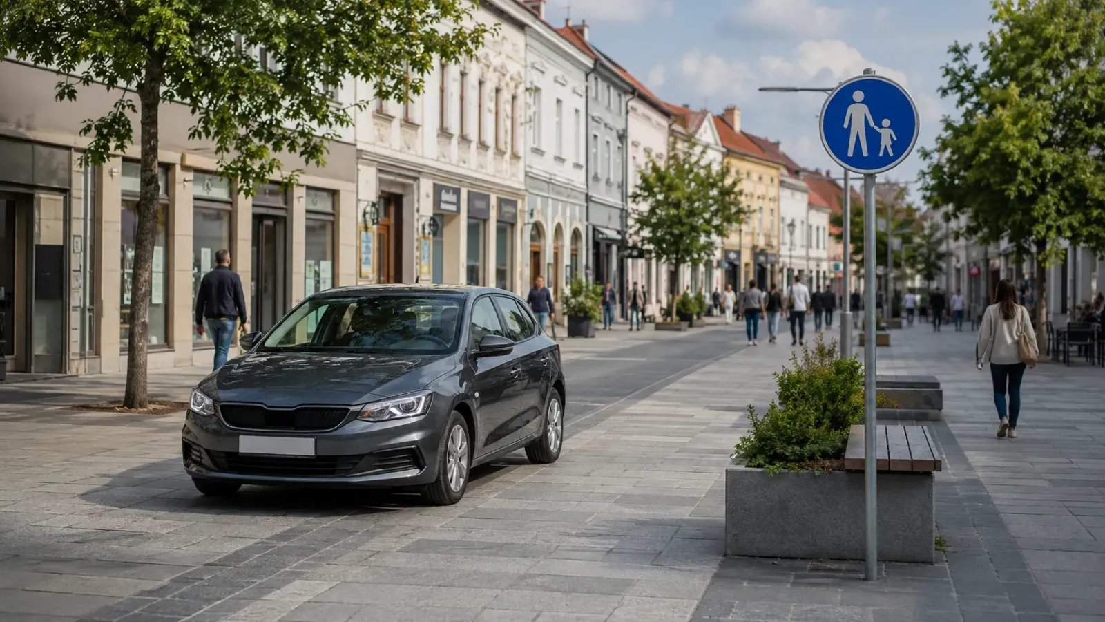 Auto jazdiace nízkou rýchlosťou v pešej zóne na Slovensku pred zavedením limitu 10 km/h od septembra 2026