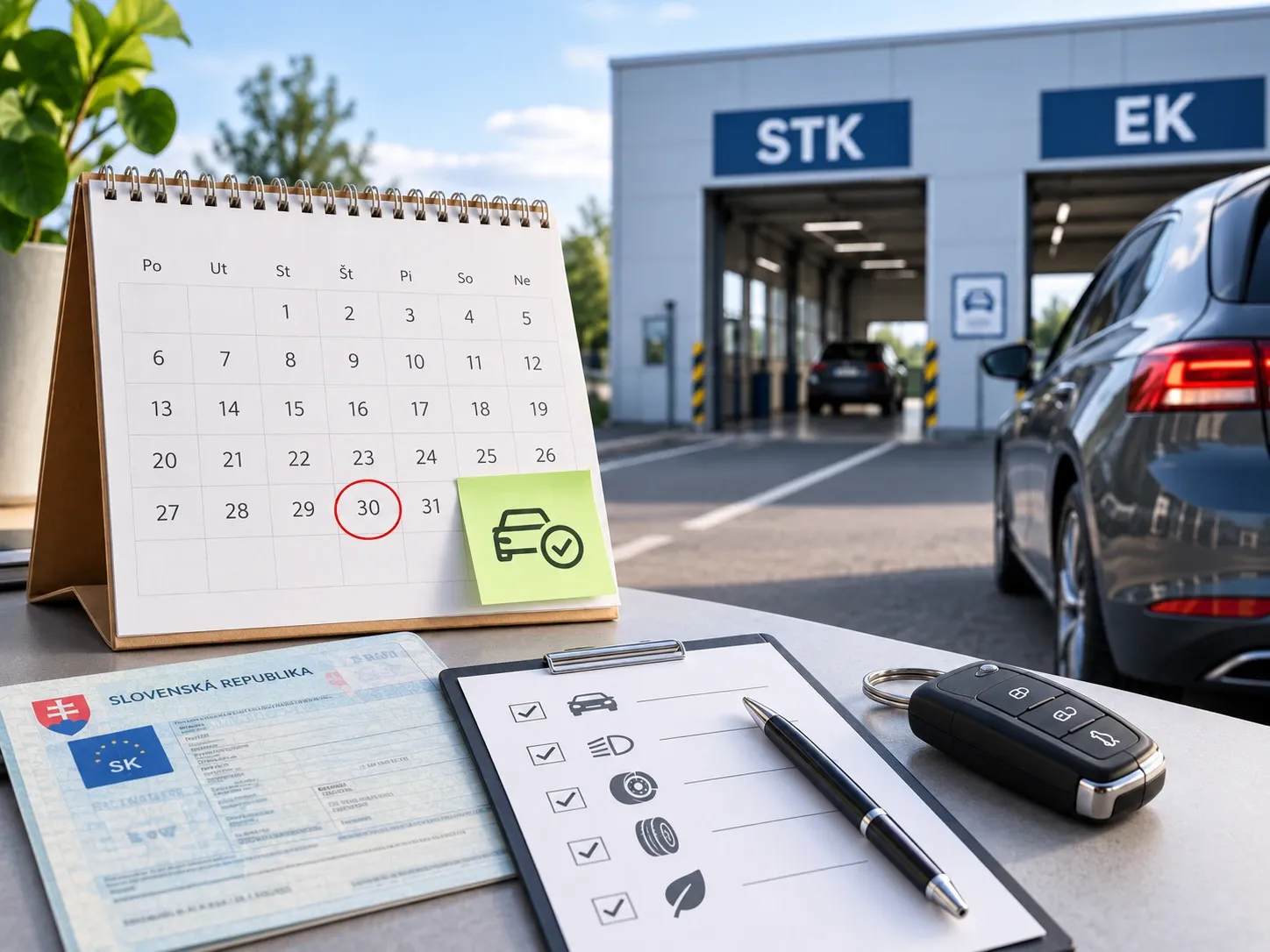 Auto pred stanicou STK a EK s kalendárom termínu technickej kontroly