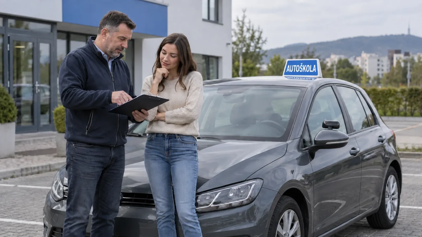 Inštruktor autoškoly so žiačkou pri zaparkovanom výcvikovom aute