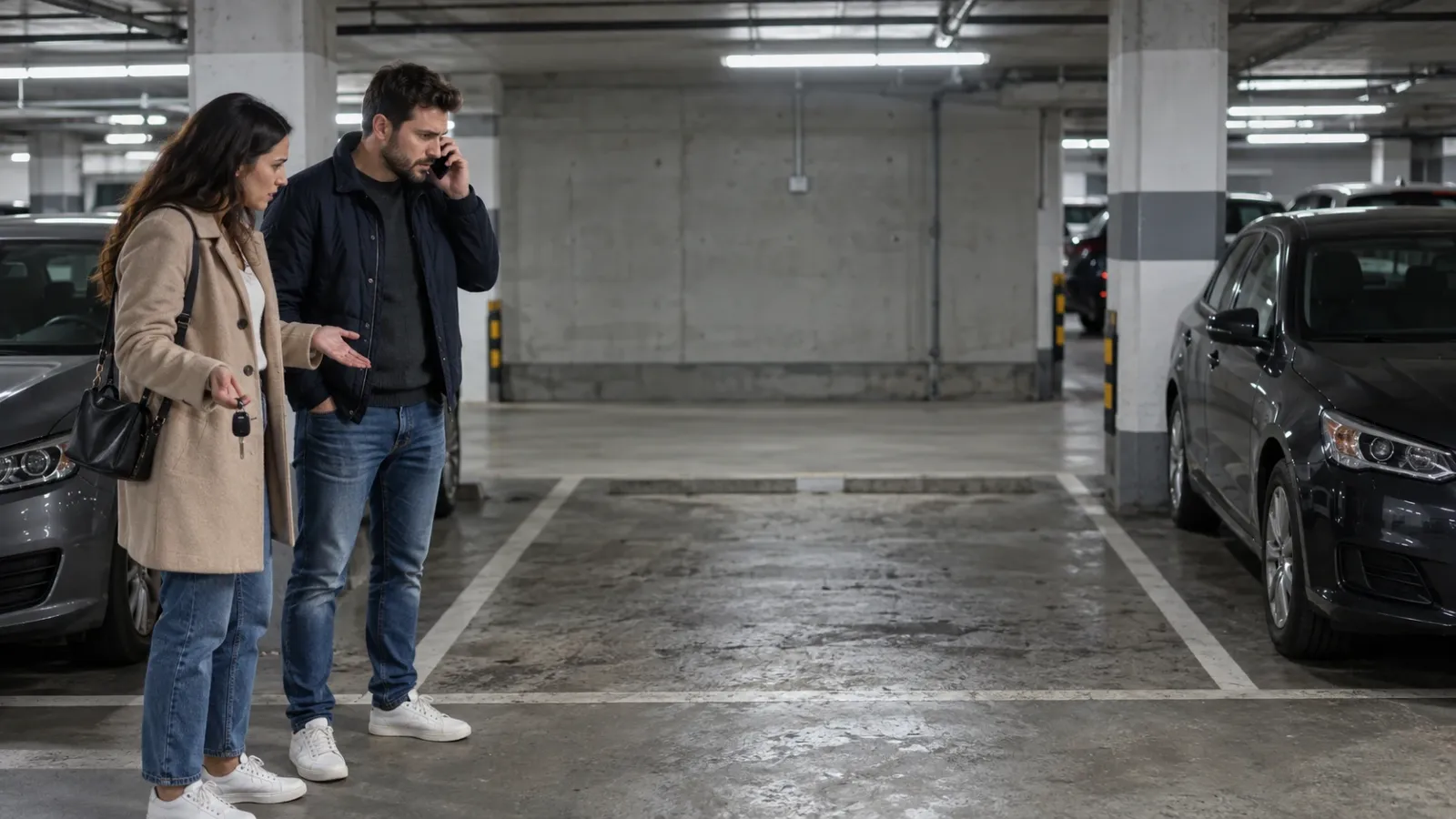 Muž a žena pri prázdnom parkovacom mieste po krádeži auta