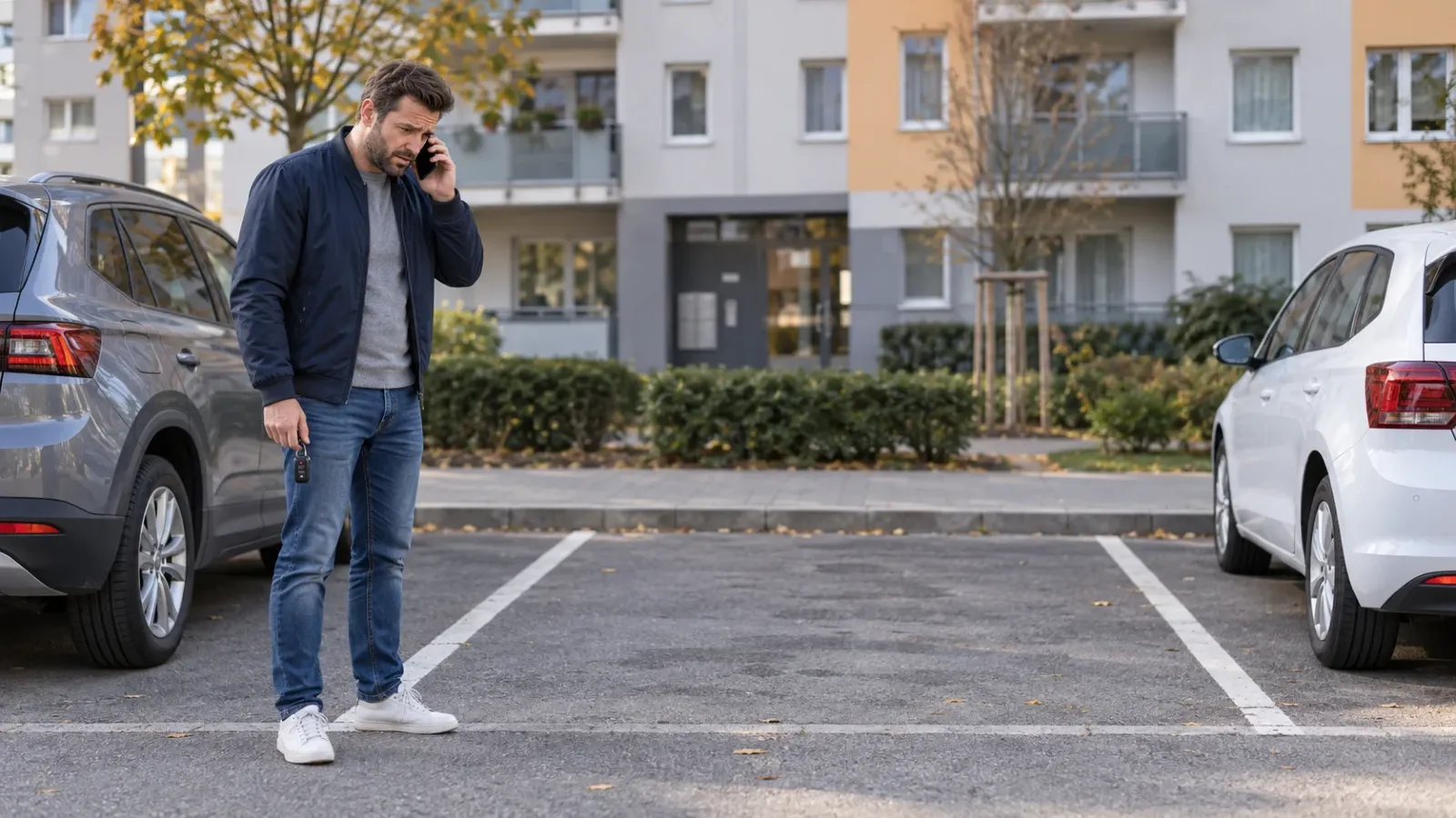 Muž telefonuje pri prázdnom parkovacom mieste po krádeži auta