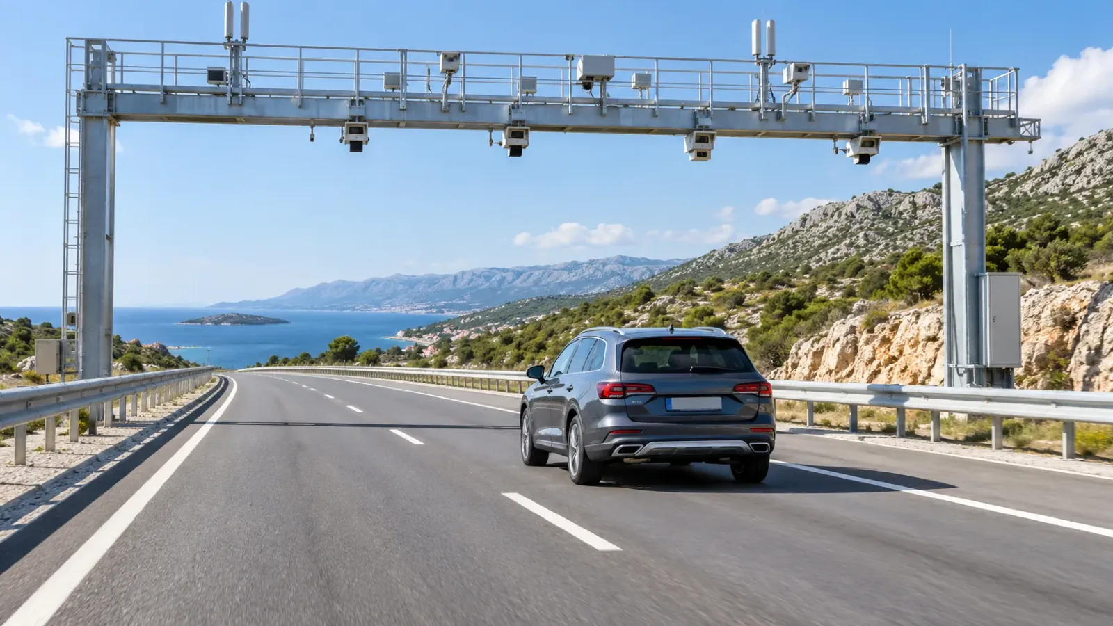 Osobné auto prechádza pod elektronickým mýtnym portálom na chorvátskej diaľnici bez zastavenia.