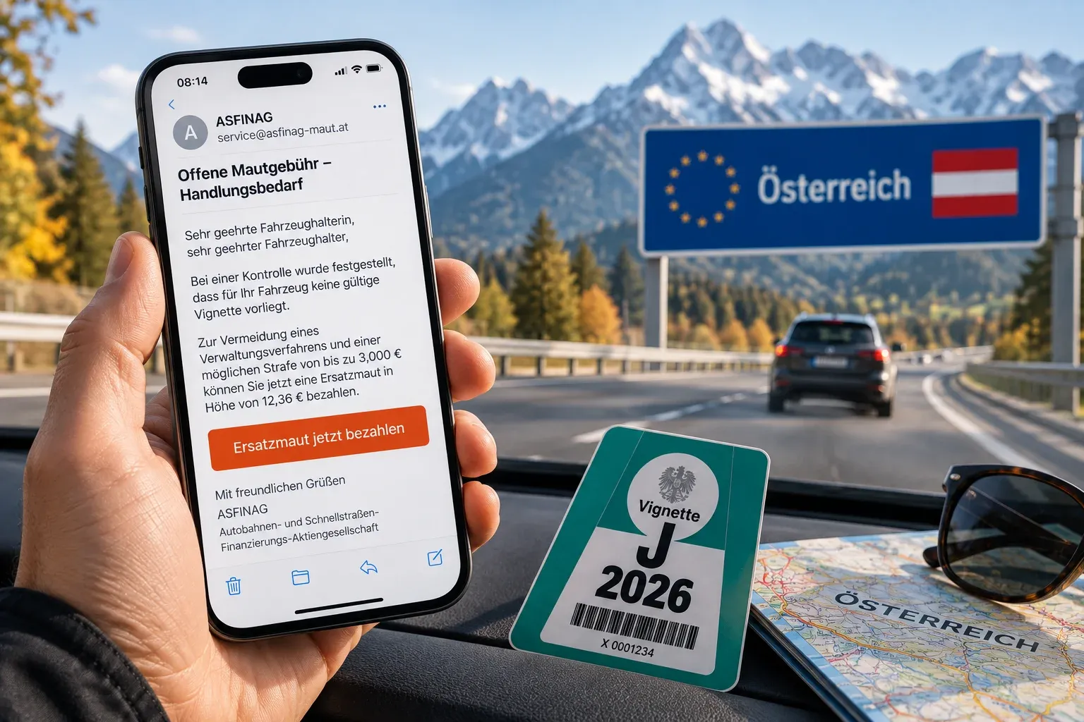 Podvodný e-mail o rakúskej diaľničnej známke zobrazený na mobile pri jazde do Rakúska, s tabuľou Österreich a diaľničnou známkou 2026.