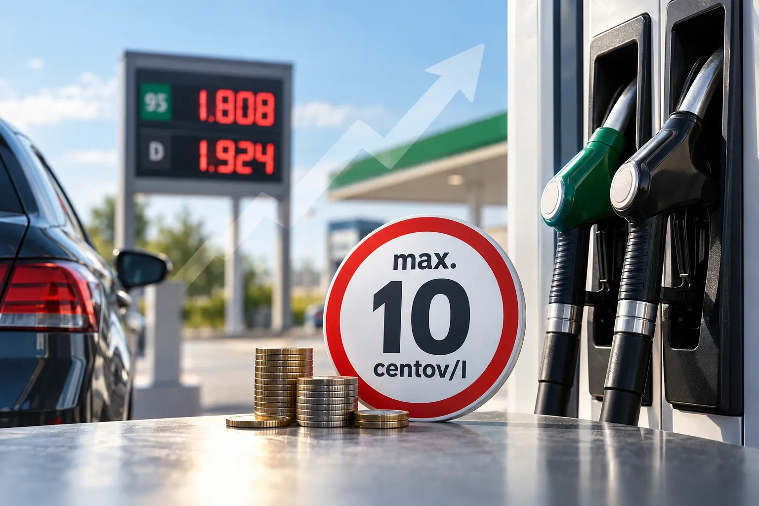 Tankovanie auta na čerpacej stanici pri rastúcich cenách benzínu a nafty na Slovensku.