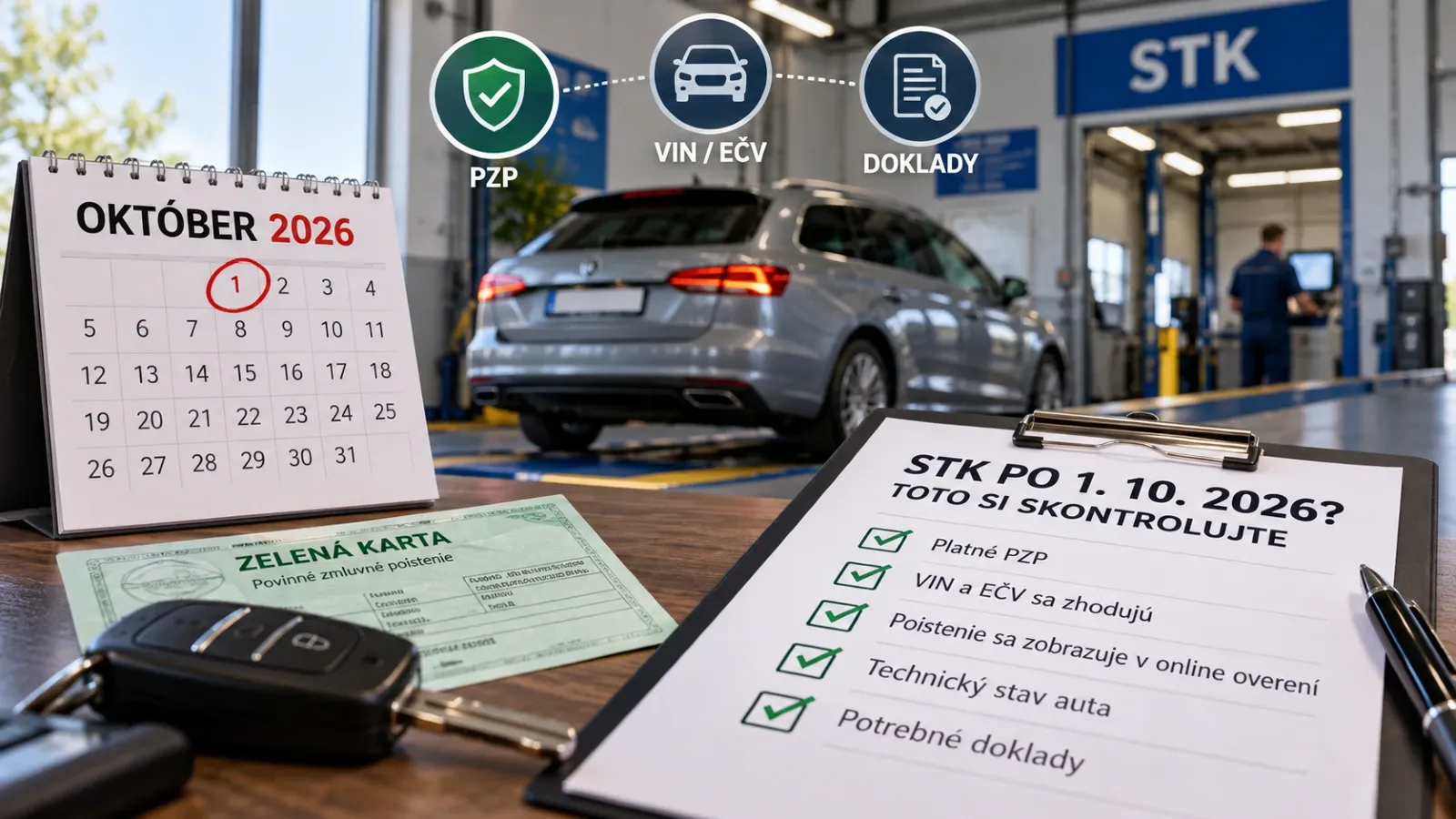 Auto na stanici STK s kontrolou PZP, VIN a EČV pred technickou kontrolou po 1. októbri 2026.