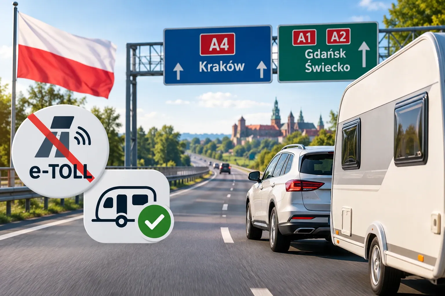 Auto s obytným prívesom na diaľnici v Poľsku po zmene pravidiel e-TOLL