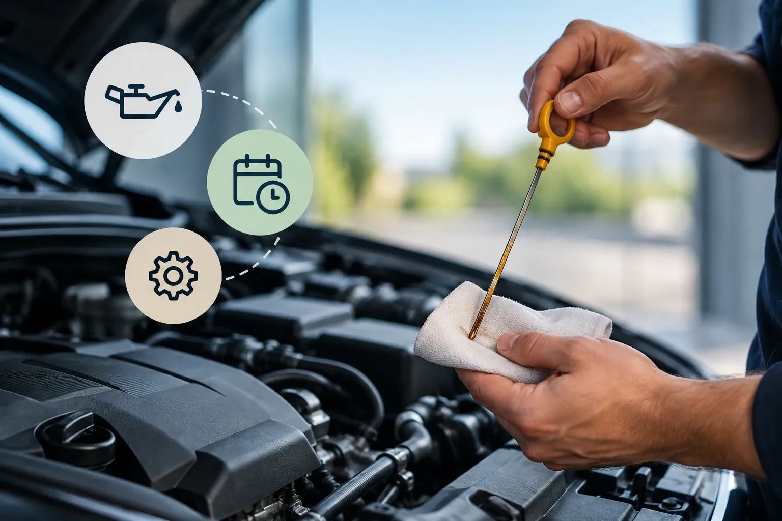 Kontrola hladiny motorového oleja pomocou mierky v motorovom priestore auta