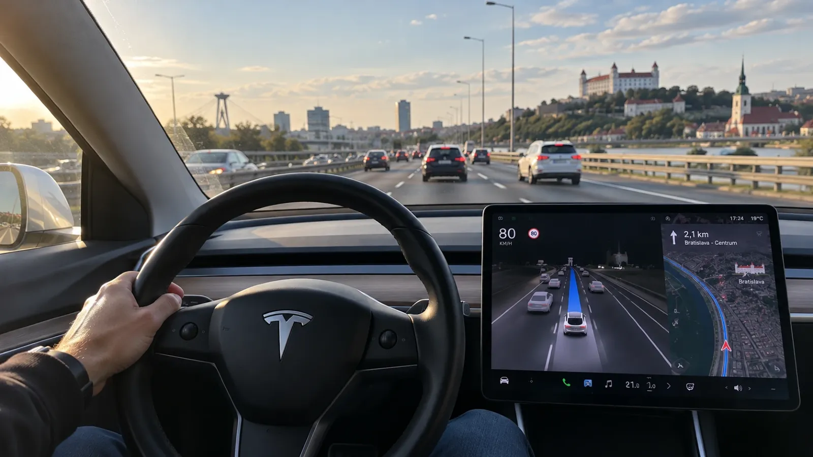 Pohľad z interiéru vozidla Tesla na volant, displej asistenčného systému FSD a cestnú premávku v Bratislave.