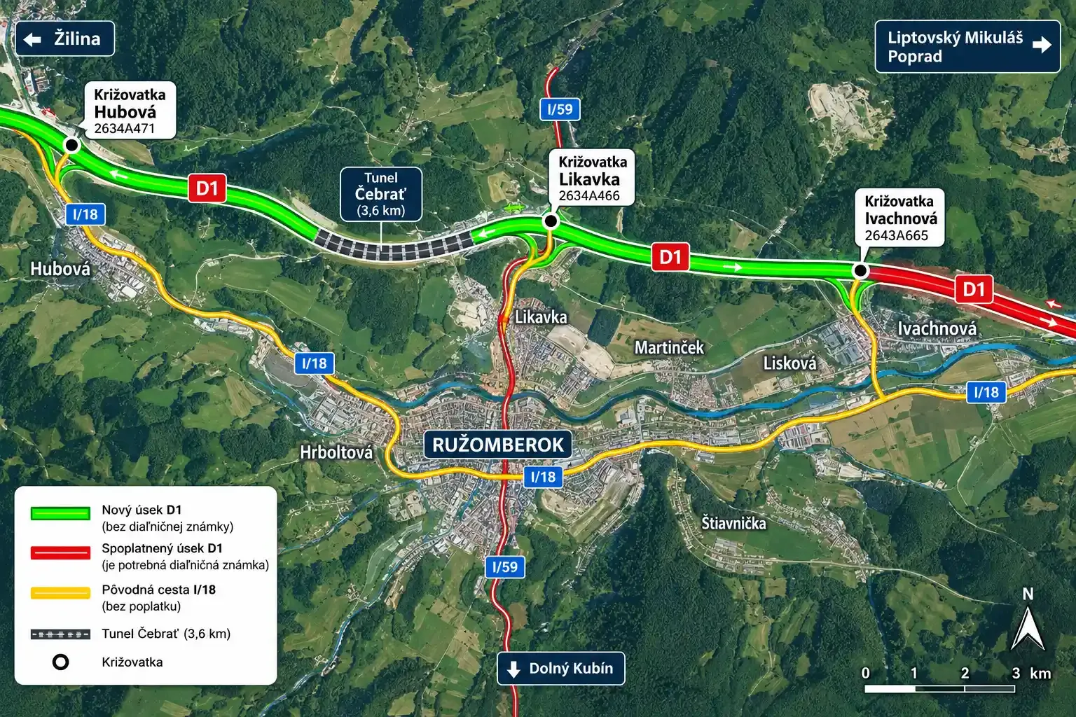 Mapa nového obchvatu Ružomberka D1 Hubová – Ivachnová s tunelom Čebrať, nespoplatneným úsekom a spoplatneným pokračovaním smerom na Poprad.