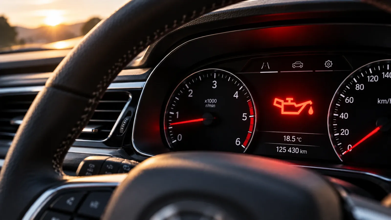 Červená kontrolka tlaku oleja svieti na prístrojovej doske automobilu a upozorňuje vodiča na možný problém s mazaním motora.