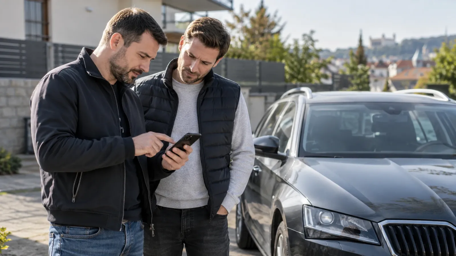Dvaja muži pri obhliadke jazdeného auta kontrolujú servisnú  históriu vozidla v mobilnom telefóne, v aplikácii carMate.