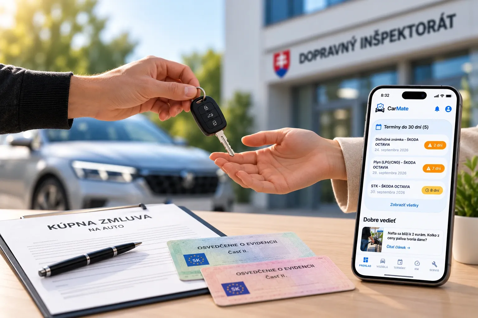 Prepis auta 2026 – odovzdanie kľúčov od vozidla, kúpna zmluva, technické preukazy a aplikácia CarMate.