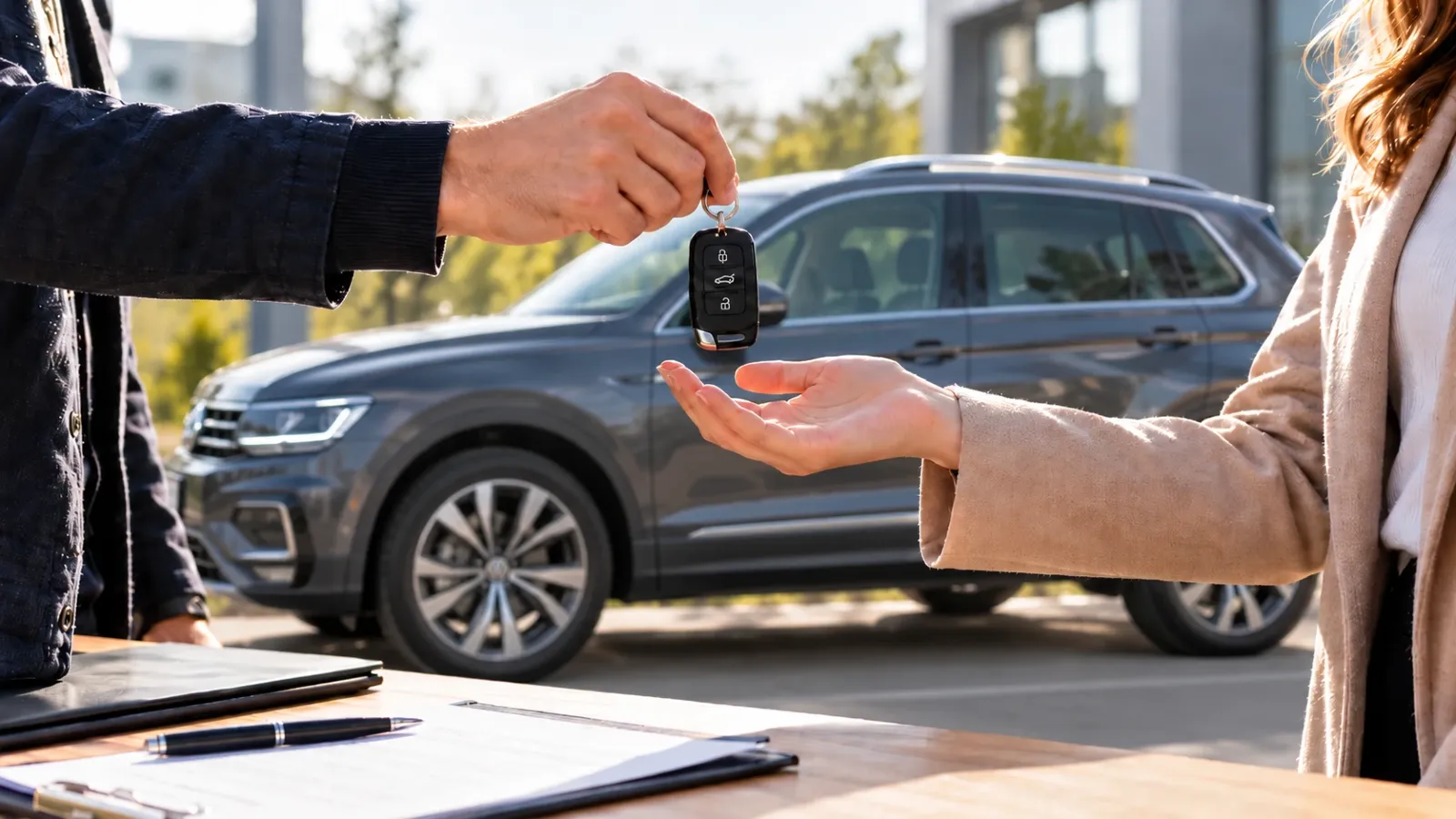 Odovzdanie kľúčov od auta pri predaji vozidla, v pozadí zaparkovaný Volkswagen z bočného pohľadu.