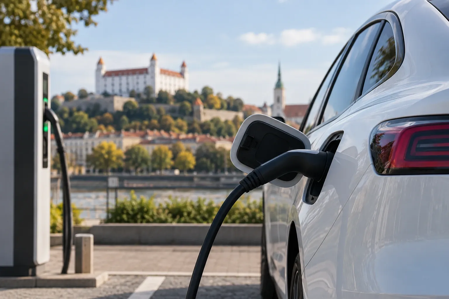 Elektromobil nabíjaný pri nabíjacej stanici s výhľadom na Bratislavský hrad v pozadí.