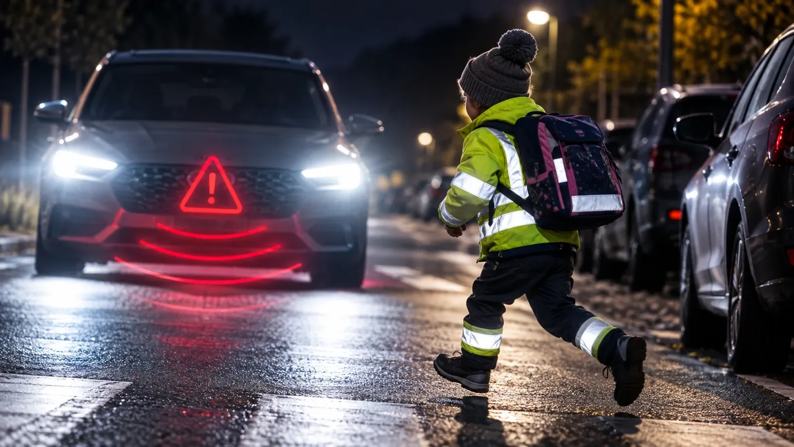 Dieťa v reflexnom oblečení so školskou taškou prechádza v noci cez cestu pred autom s automatickým núdzovým brzdením.